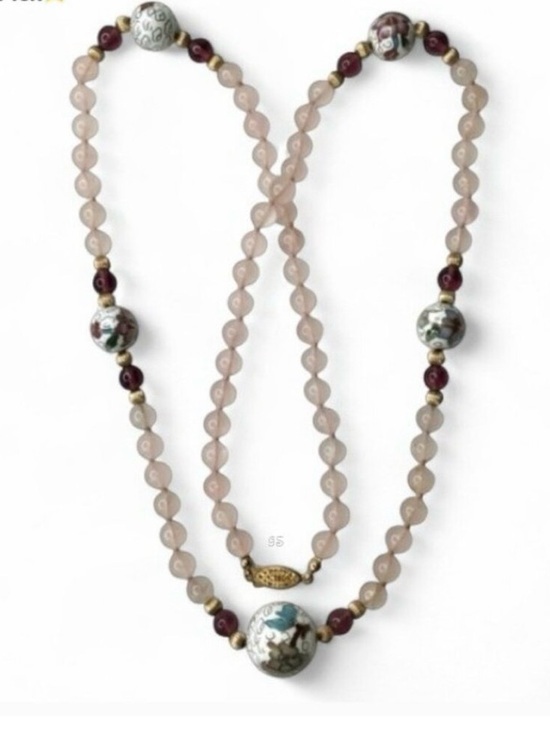 Jewelry - Vintage Rose Quartz, Glass & Chinese Export Cloisonné Beaded Necklace